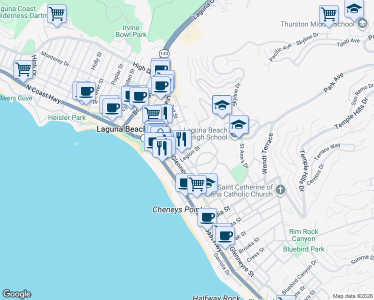 map of restaurants, bars, coffee shops, grocery stores, and more near 551 Through Street in Laguna Beach