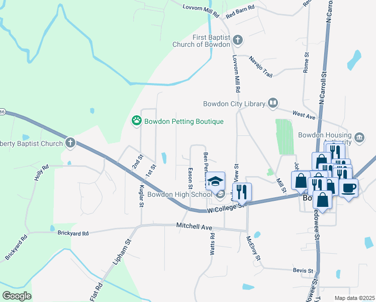 map of restaurants, bars, coffee shops, grocery stores, and more near 263 Eason Street in Bowdon