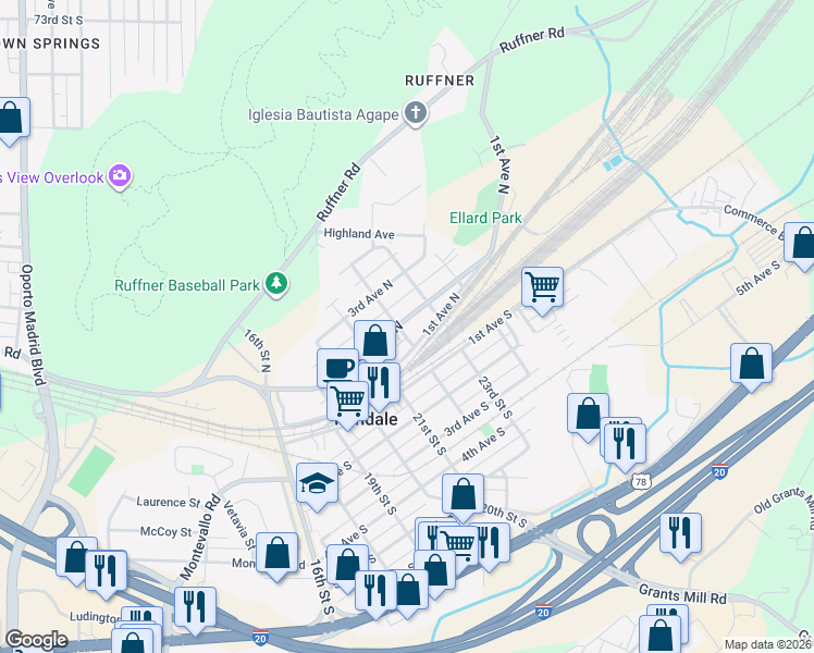map of restaurants, bars, coffee shops, grocery stores, and more near 2200 2nd Avenue North in Irondale