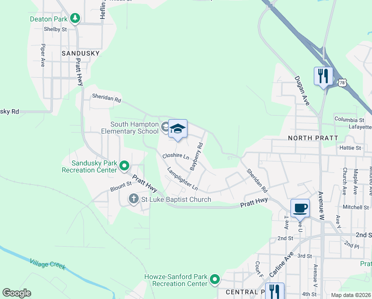 map of restaurants, bars, coffee shops, grocery stores, and more near 208 Leewood Circle in Birmingham