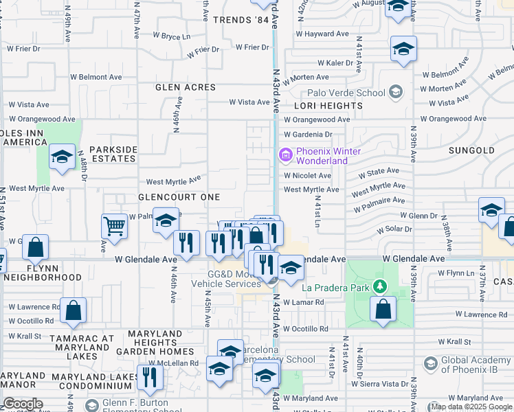 map of restaurants, bars, coffee shops, grocery stores, and more near 7102 North 43rd Avenue in Glendale