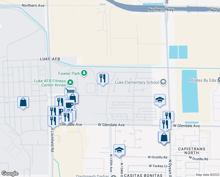 map of restaurants, bars, coffee shops, grocery stores, and more near 1370 Kachina in Glendale