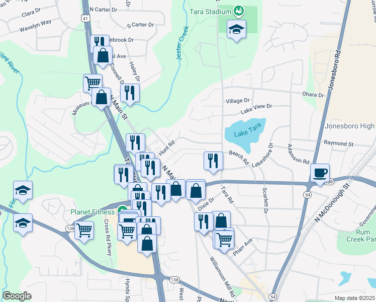 map of restaurants, bars, coffee shops, grocery stores, and more near 917 Hunt Road in Jonesboro