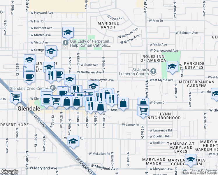 map of restaurants, bars, coffee shops, grocery stores, and more near 7131 North 54th Avenue in Glendale