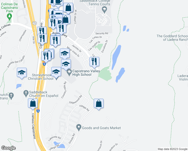 map of restaurants, bars, coffee shops, grocery stores, and more near 26616 La Quilla Lane in Mission Viejo