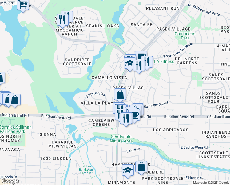 map of restaurants, bars, coffee shops, grocery stores, and more near 7001 North Vía Camello Del Sur in Scottsdale
