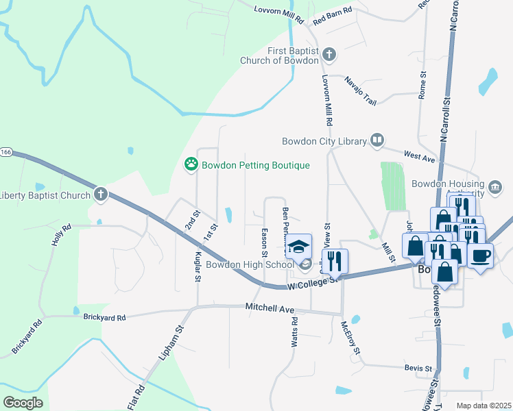 map of restaurants, bars, coffee shops, grocery stores, and more near 263 Eason Street in Bowdon