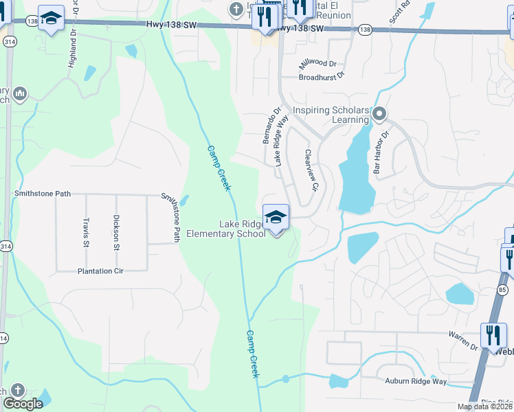 map of restaurants, bars, coffee shops, grocery stores, and more near 1326 Crestridge Lane in Riverdale