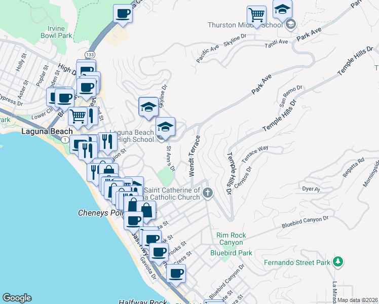 map of restaurants, bars, coffee shops, grocery stores, and more near 699 Wendt Terrace in Laguna Beach