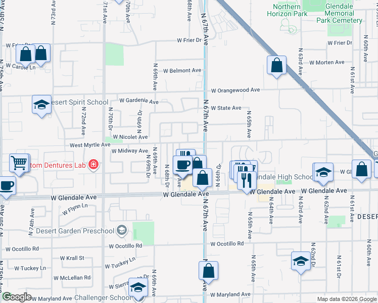 map of restaurants, bars, coffee shops, grocery stores, and more near 6731 West Myrtle Avenue in Glendale