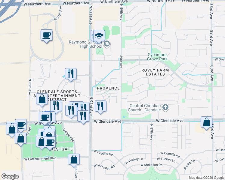map of restaurants, bars, coffee shops, grocery stores, and more near 8988 West Nicolet Avenue in Glendale