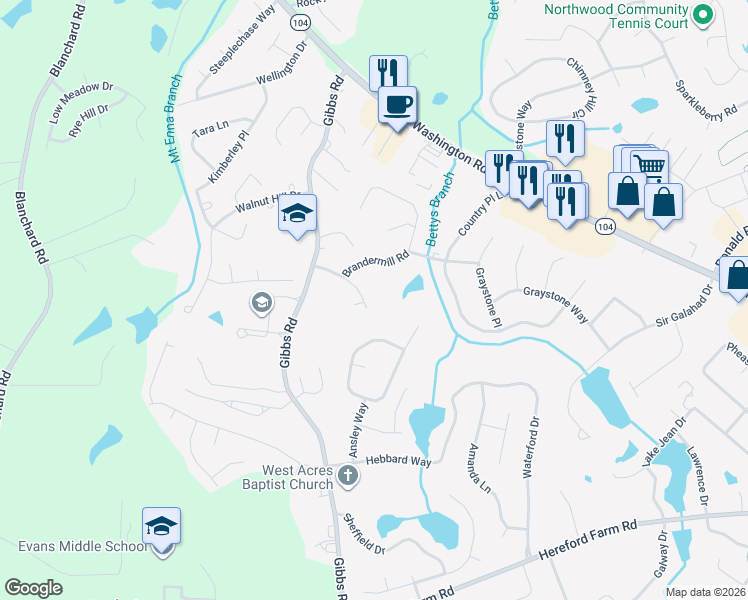 map of restaurants, bars, coffee shops, grocery stores, and more near 4587 Bedford Drive in Evans
