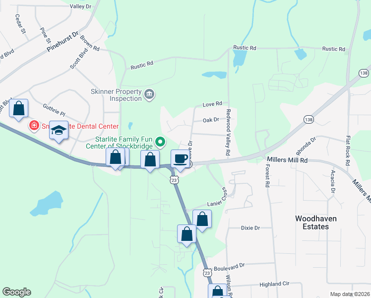 map of restaurants, bars, coffee shops, grocery stores, and more near 41 Love Drive in Stockbridge