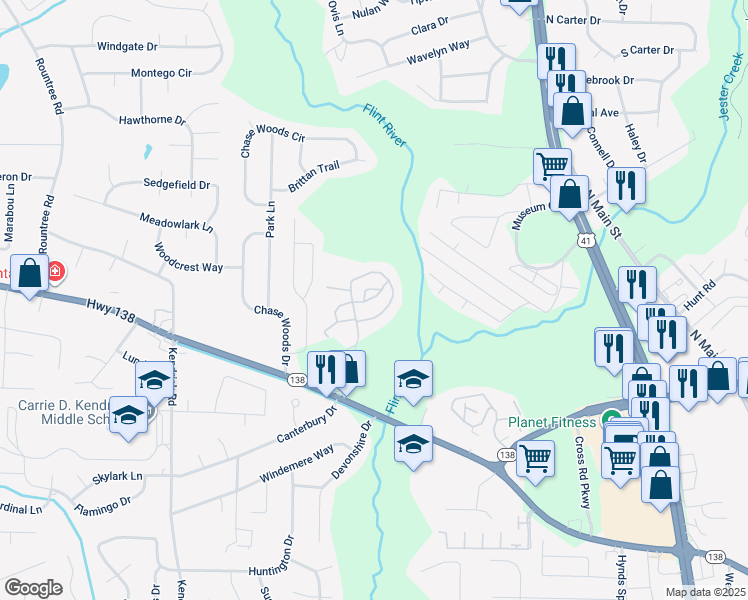 map of restaurants, bars, coffee shops, grocery stores, and more near Riverview Place in Jonesboro