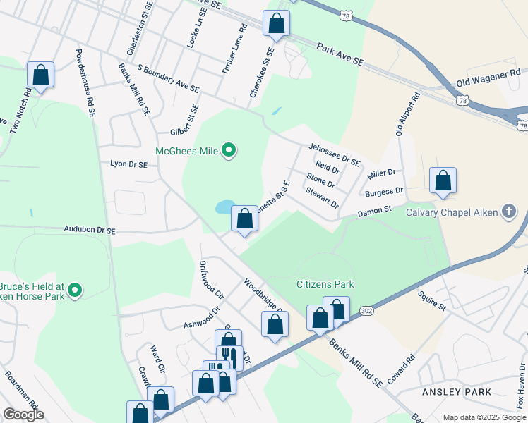 map of restaurants, bars, coffee shops, grocery stores, and more near 448 Monetta Street South East in Aiken