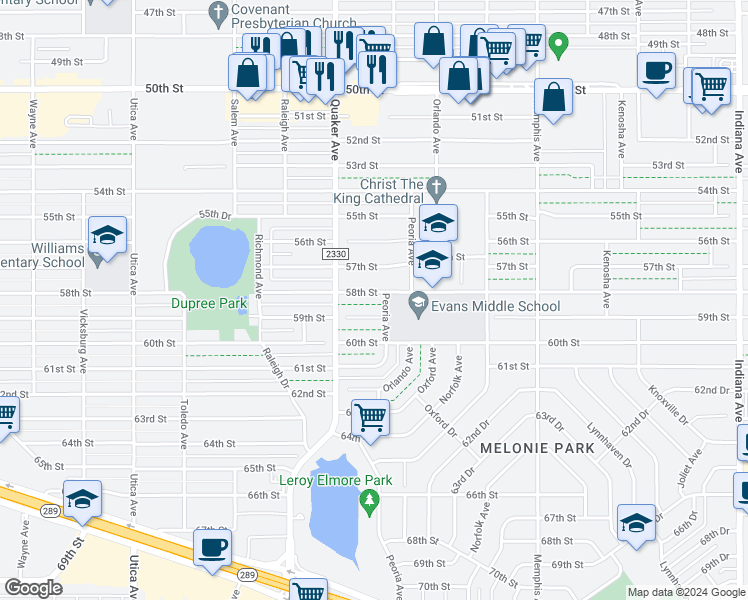 map of restaurants, bars, coffee shops, grocery stores, and more near 4303 58th Street in Lubbock