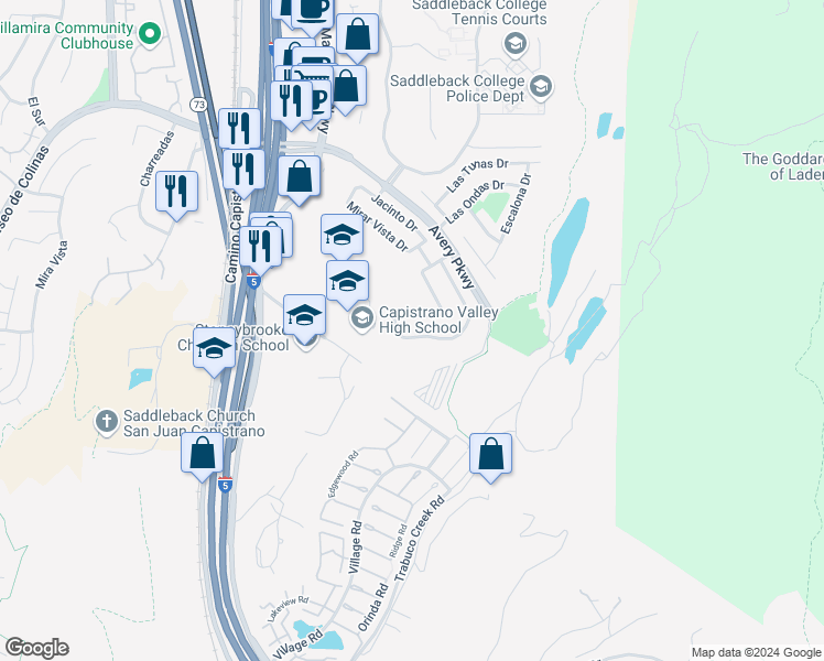 map of restaurants, bars, coffee shops, grocery stores, and more near 26511 La Quilla Lane in Mission Viejo
