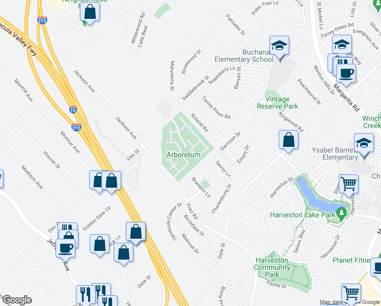 map of restaurants, bars, coffee shops, grocery stores, and more near 26514 Arboretum Way in Murrieta