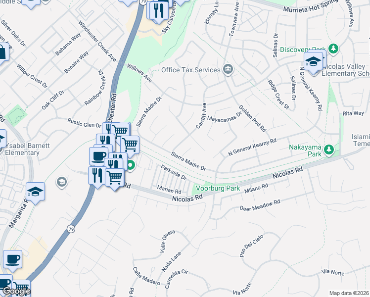 map of restaurants, bars, coffee shops, grocery stores, and more near 39277 Cayman Court in Murrieta