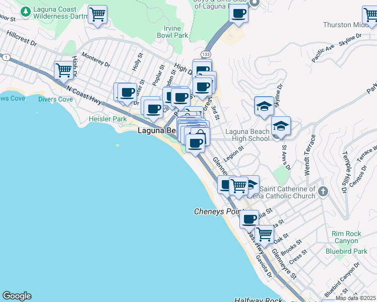 map of restaurants, bars, coffee shops, grocery stores, and more near 212 North Coast Highway in Laguna Beach