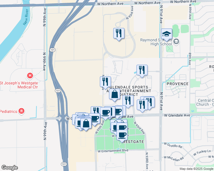 map of restaurants, bars, coffee shops, grocery stores, and more near 2 West Cabela Drive in Glendale