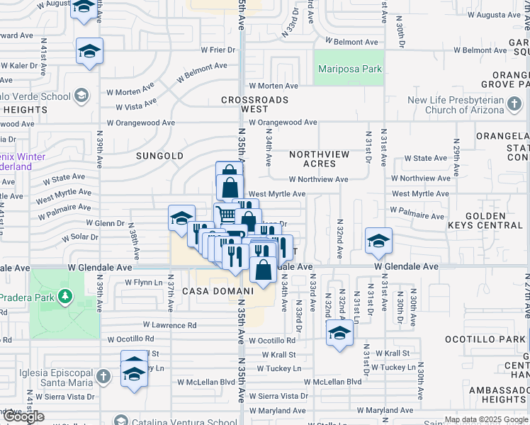 map of restaurants, bars, coffee shops, grocery stores, and more near 3413 West Palmaire Avenue in Phoenix