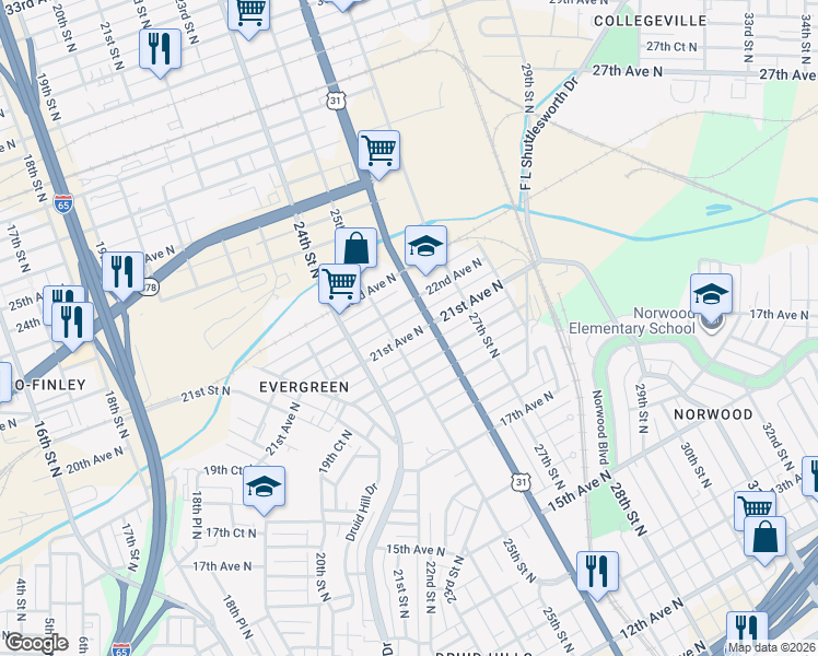 map of restaurants, bars, coffee shops, grocery stores, and more near 2508 21st Avenue North in Birmingham