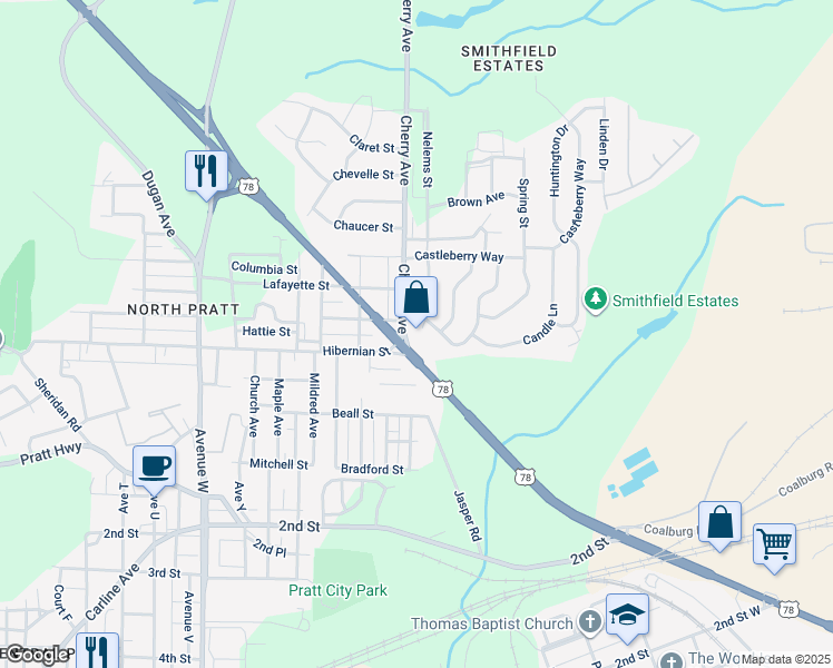 map of restaurants, bars, coffee shops, grocery stores, and more near 501 Bankhead Highway West in Birmingham
