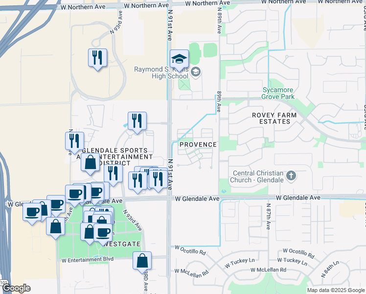 map of restaurants, bars, coffee shops, grocery stores, and more near 9056 West Nicolet Avenue in Glendale