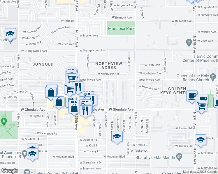 map of restaurants, bars, coffee shops, grocery stores, and more near 3228 West Glendale Avenue in Phoenix