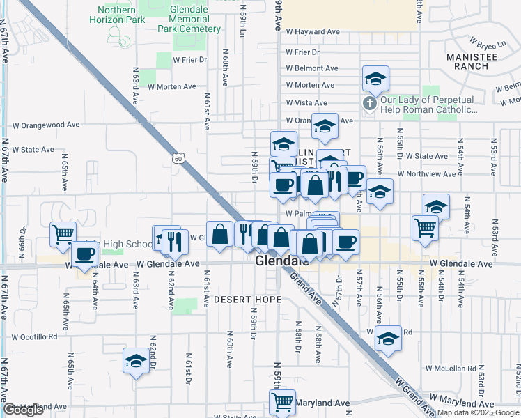 map of restaurants, bars, coffee shops, grocery stores, and more near 7146 North 59th Drive in Glendale