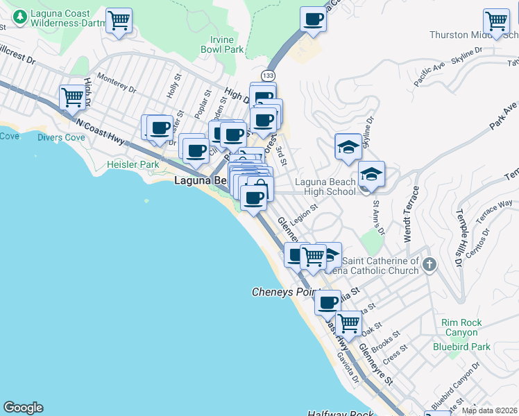 map of restaurants, bars, coffee shops, grocery stores, and more near in Laguna Beach