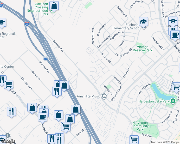 map of restaurants, bars, coffee shops, grocery stores, and more near 26379 Arboretum Way in Murrieta