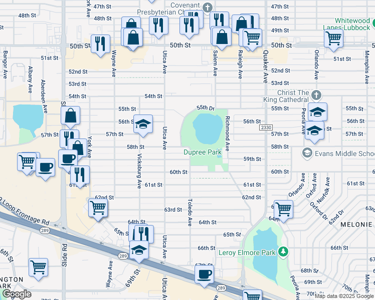 map of restaurants, bars, coffee shops, grocery stores, and more near 4701 58th Street in Lubbock