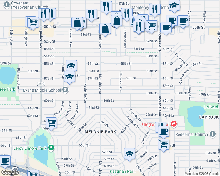 map of restaurants, bars, coffee shops, grocery stores, and more near 3701-3799 58th Street in Lubbock