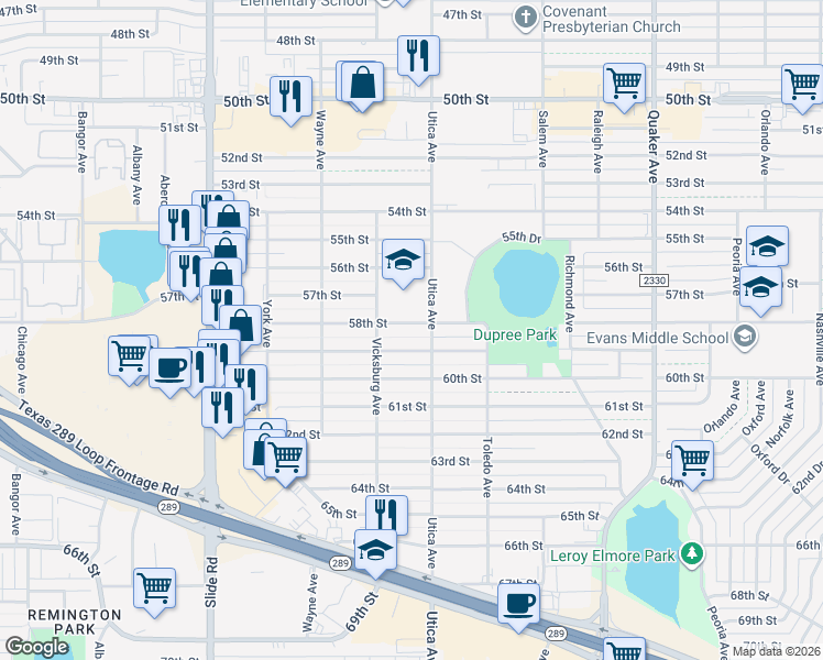 map of restaurants, bars, coffee shops, grocery stores, and more near 4807 58th Street in Lubbock