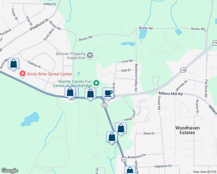map of restaurants, bars, coffee shops, grocery stores, and more near 41 Love Drive in Stockbridge