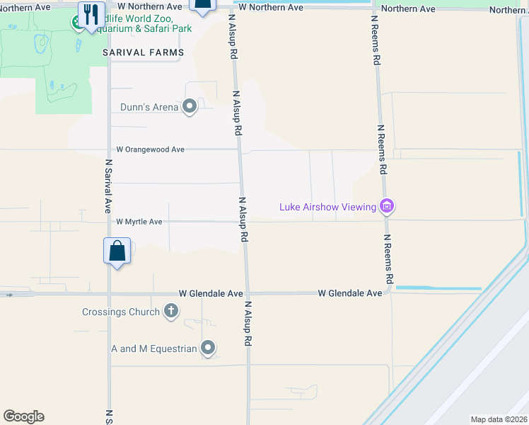 map of restaurants, bars, coffee shops, grocery stores, and more near 15744 West Myrtle Avenue in Litchfield Park