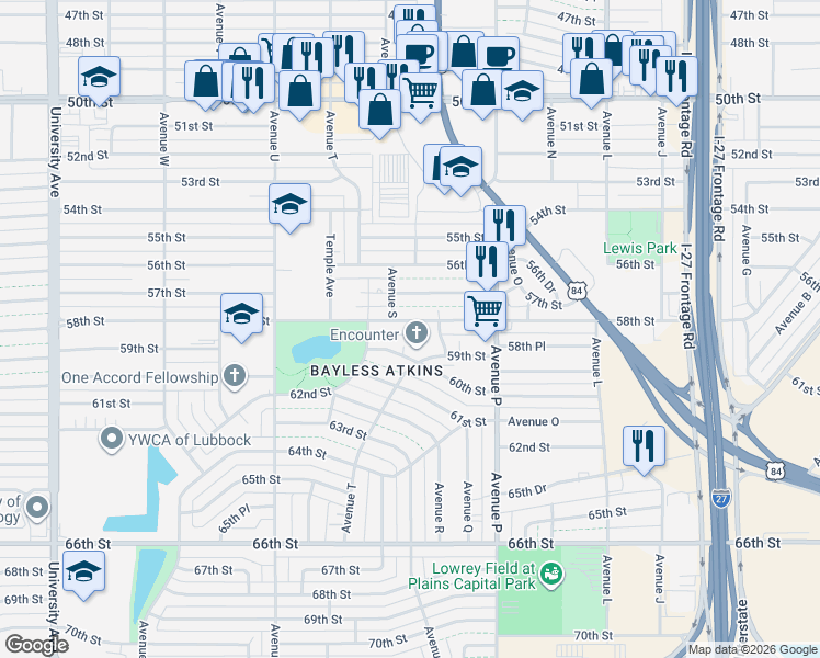 map of restaurants, bars, coffee shops, grocery stores, and more near 2005 58th Street in Lubbock