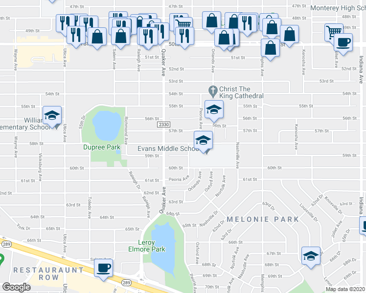 map of restaurants, bars, coffee shops, grocery stores, and more near 4309 58th Street in Lubbock