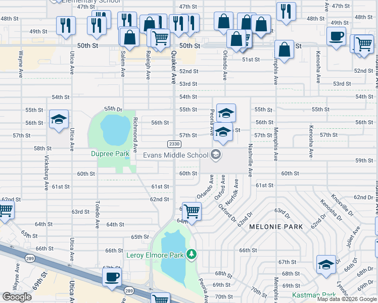map of restaurants, bars, coffee shops, grocery stores, and more near 4309 58th Street in Lubbock