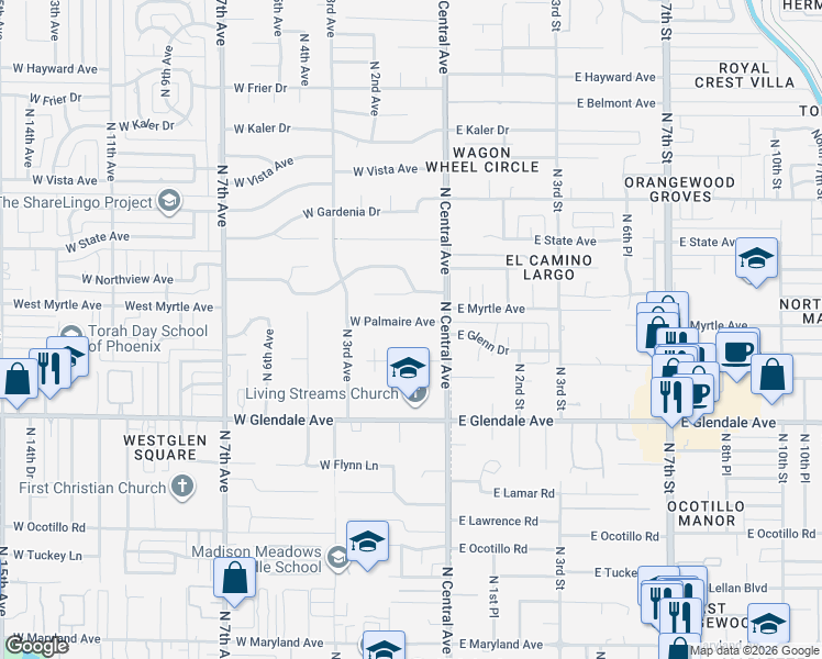 map of restaurants, bars, coffee shops, grocery stores, and more near 95 West Palmaire Avenue in Phoenix