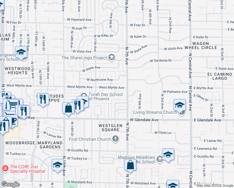 map of restaurants, bars, coffee shops, grocery stores, and more near 7116 North 8th Avenue in Phoenix