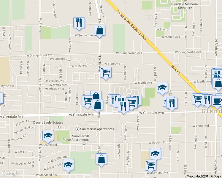 map of restaurants, bars, coffee shops, grocery stores, and more near 7143 North 66th Drive in Glendale