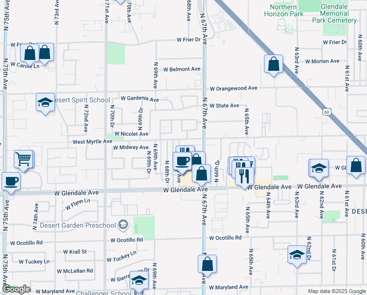 map of restaurants, bars, coffee shops, grocery stores, and more near 6731 West Myrtle Avenue in Glendale