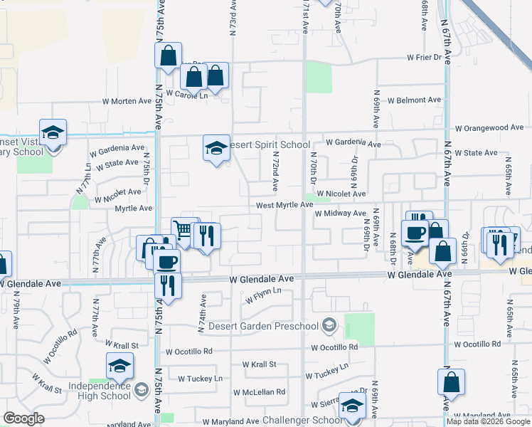 map of restaurants, bars, coffee shops, grocery stores, and more near 7230 North 72nd Avenue in Glendale