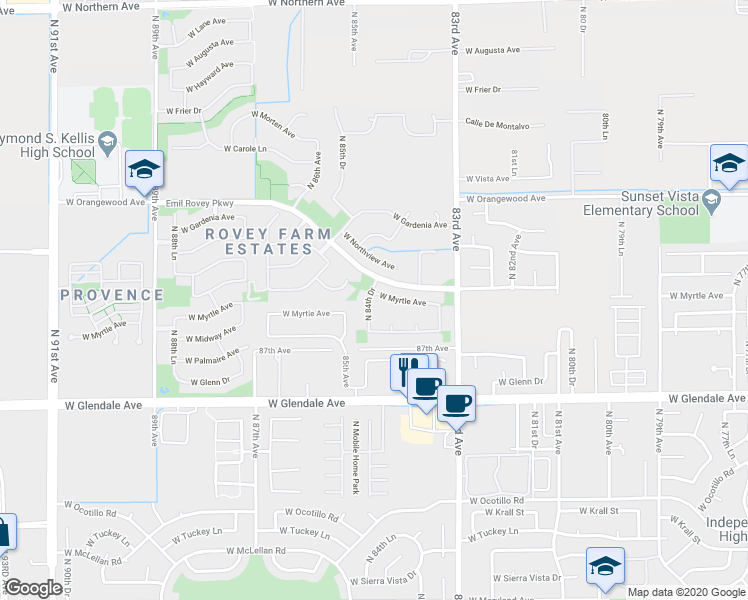 map of restaurants, bars, coffee shops, grocery stores, and more near 7226 North 84th Drive in Glendale