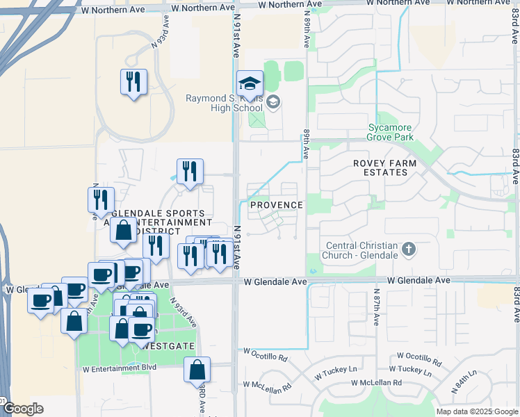 map of restaurants, bars, coffee shops, grocery stores, and more near 9056 West Nicolet Avenue in Glendale