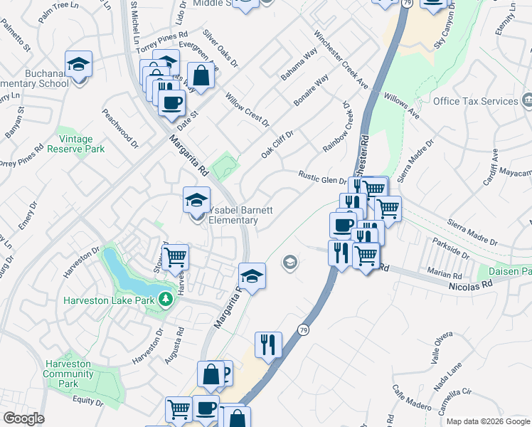 map of restaurants, bars, coffee shops, grocery stores, and more near 39799 Knollridge Drive in Temecula
