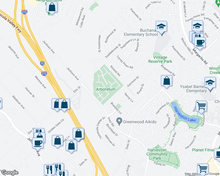 map of restaurants, bars, coffee shops, grocery stores, and more near 26408 Arboretum Way in Murrieta